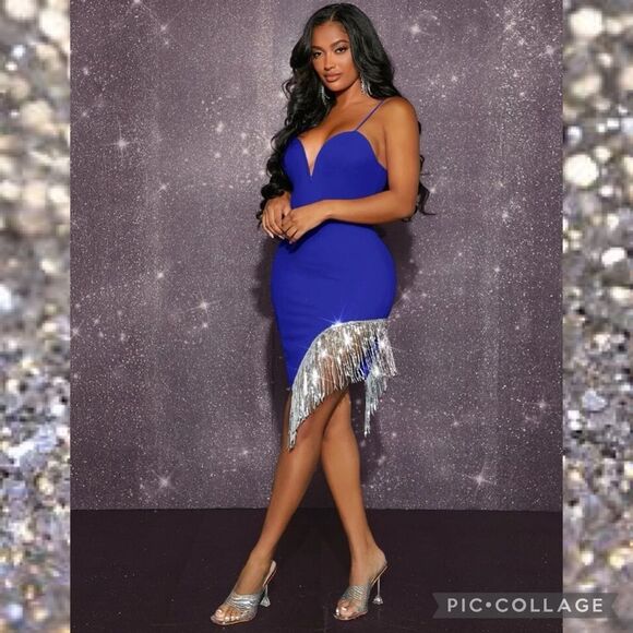 Royal Blue Asymmetrical Rhinestone Fringe Evening Party Dress - Picture 4 of 7